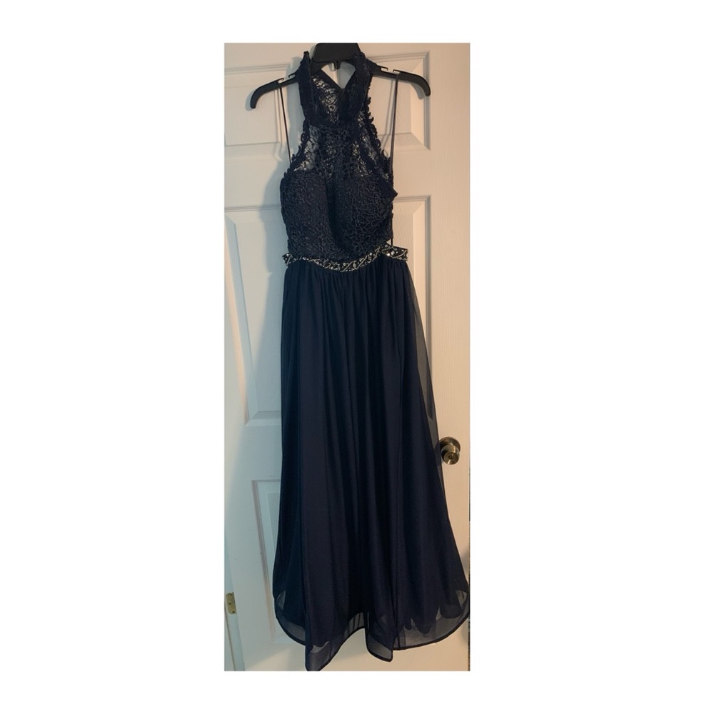 Sequin Hearts Blue Halter Gown for Prom